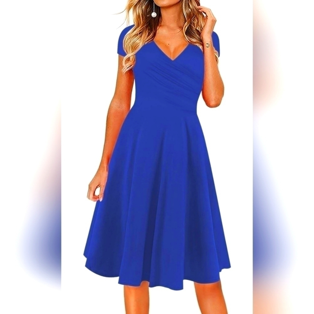 NWT, Oxiuly Women's Dress Criss-Cross V-Neck Flare Midi Summer, Blue, Size Med